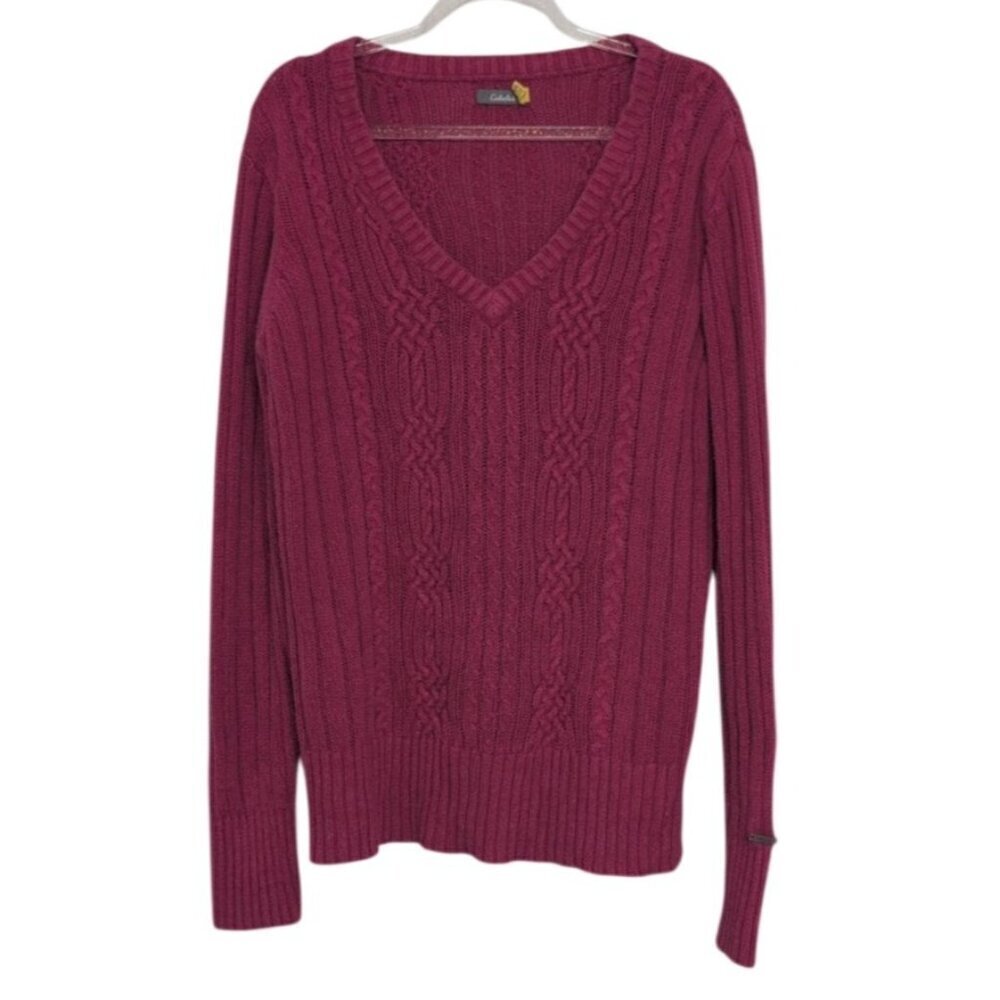 Cabelas Cable Knit Sweater Womens Size Large Pink V Neck Long Sleeve Pullover
